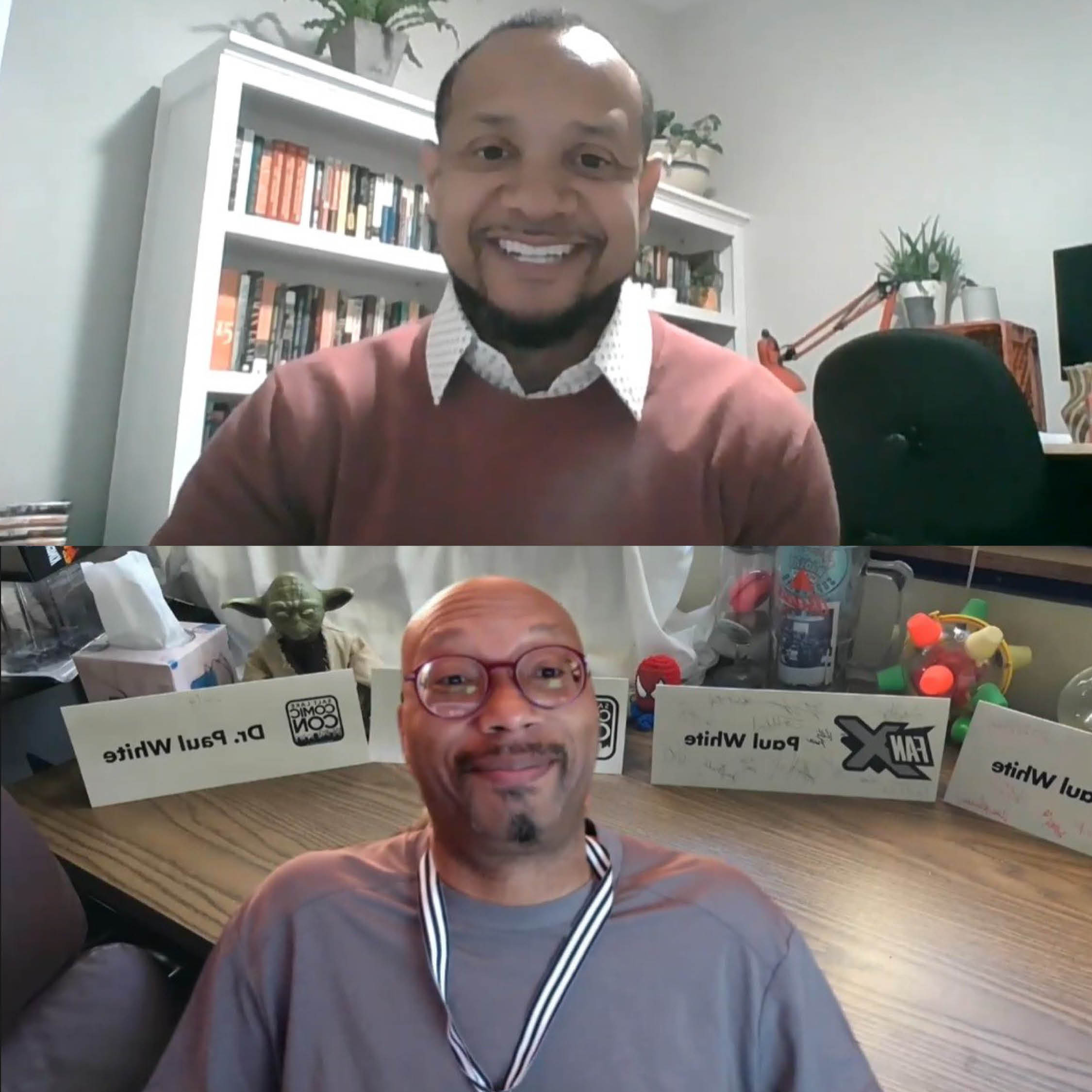a photo collage of two middle aged Black men; images are screenshots from a Zoom meeting