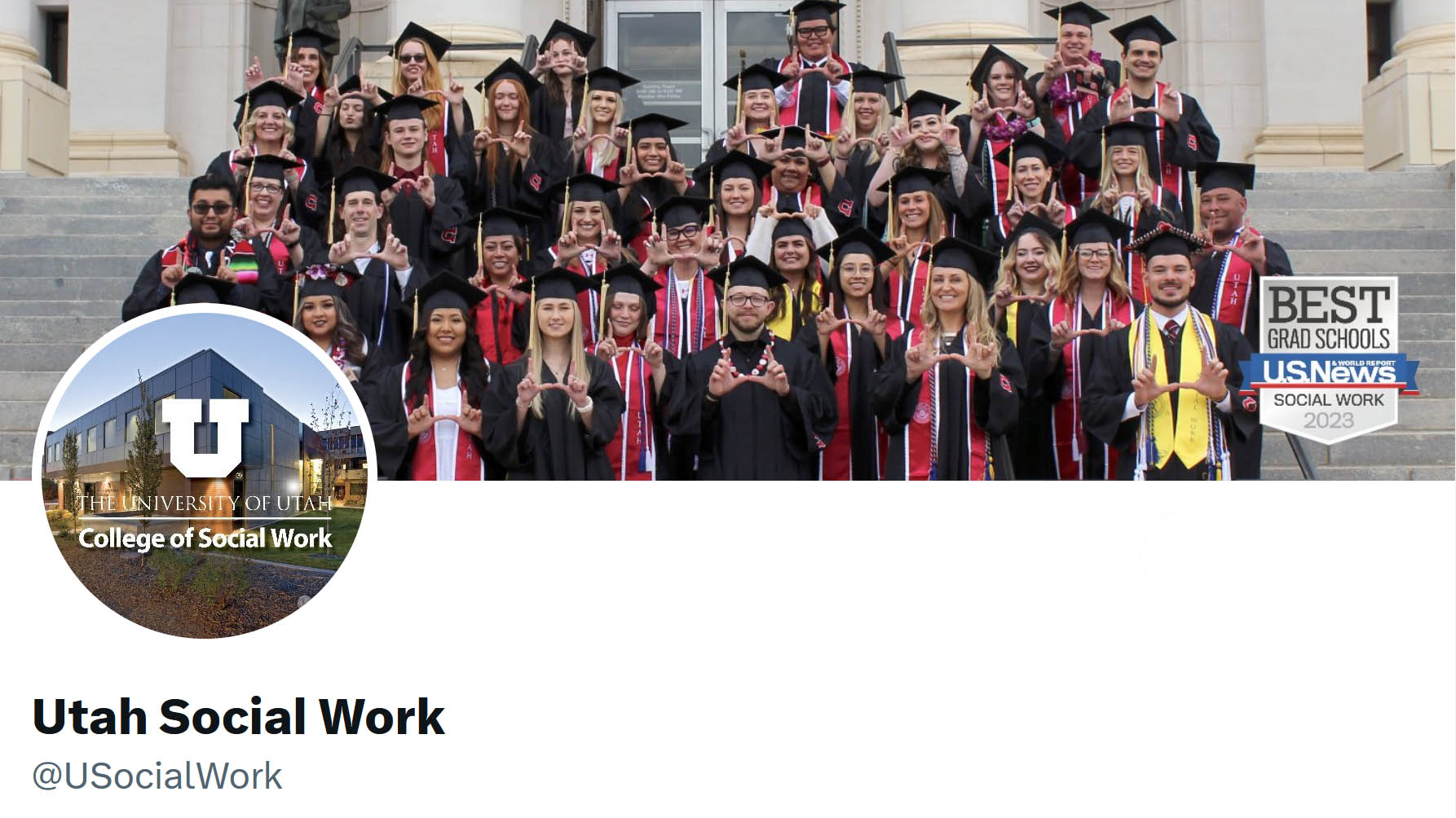 Screenshot of Utah Social Work Twitter profile, featuring a photo of BSW students in graduation regalia