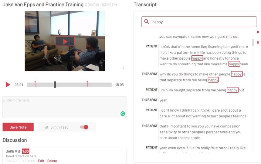 A screenshot showing the recording and playback system with automatically generated transcript.
