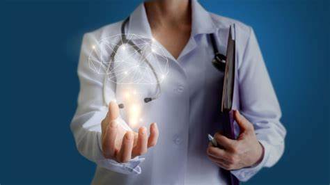 Image with blue background and a torso with arms of a person in a white doctor's-like coat with stethoscope around neckwith floder under left arm and right arm with hand facinf upward and digitally added light above hand.